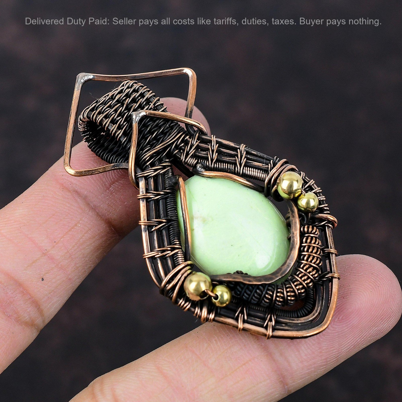 Black Friday Sale Lemon Chrysoprase Gemstone Wire Wrapped Sister Pendant Copper