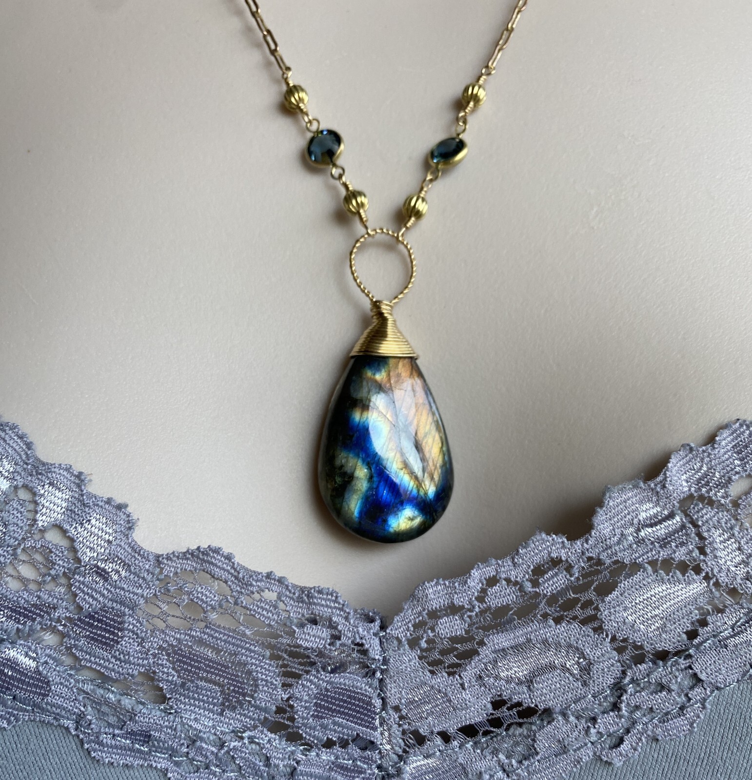 Labradorite Necklace- Blue Green Gold Copper Handmade Labradorite Necklace