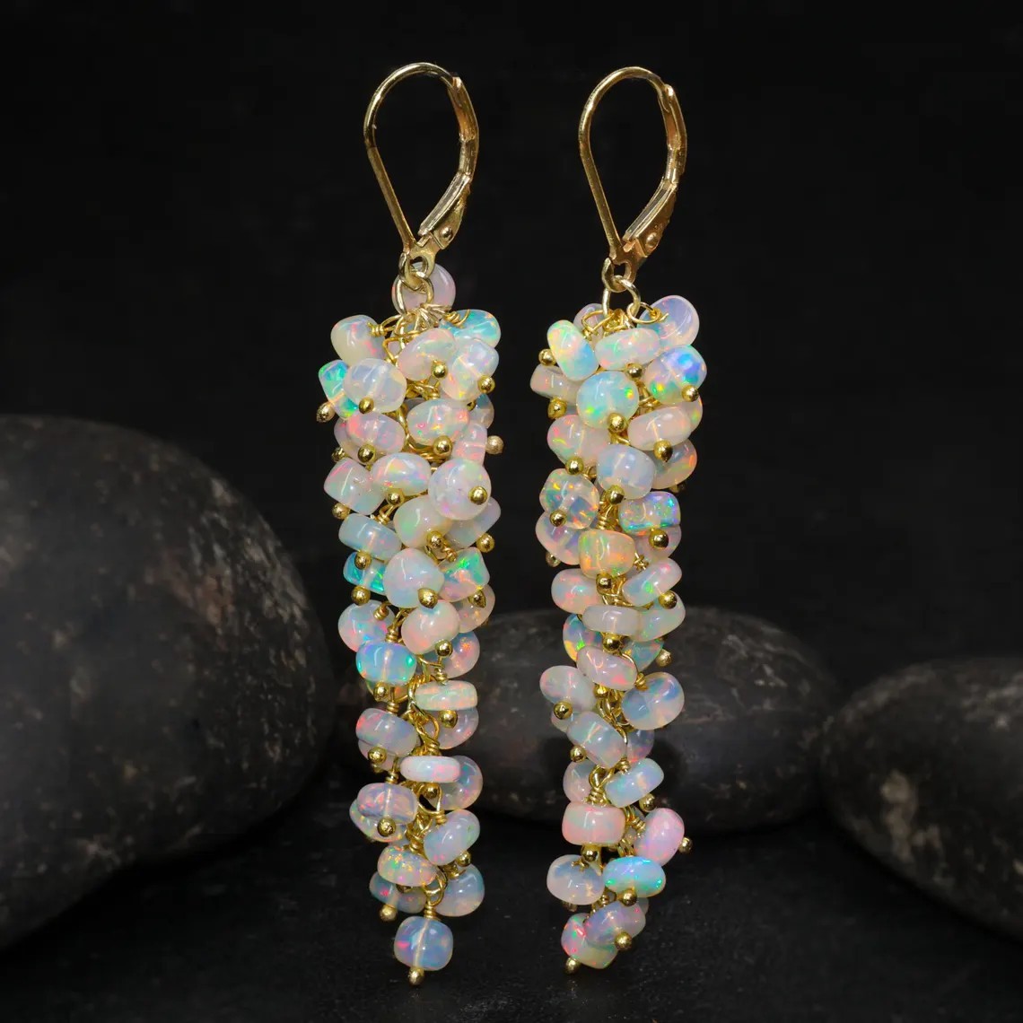 White Ethiopian opal gemstones 18k gold handmade earrings jewelry to Gift her b5