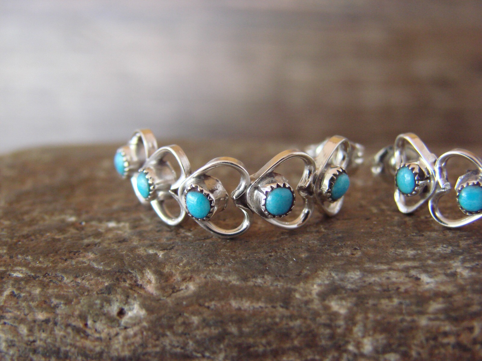 Zuni Indian Sterling Silver Turquoise Heart Hoop Post Earrings