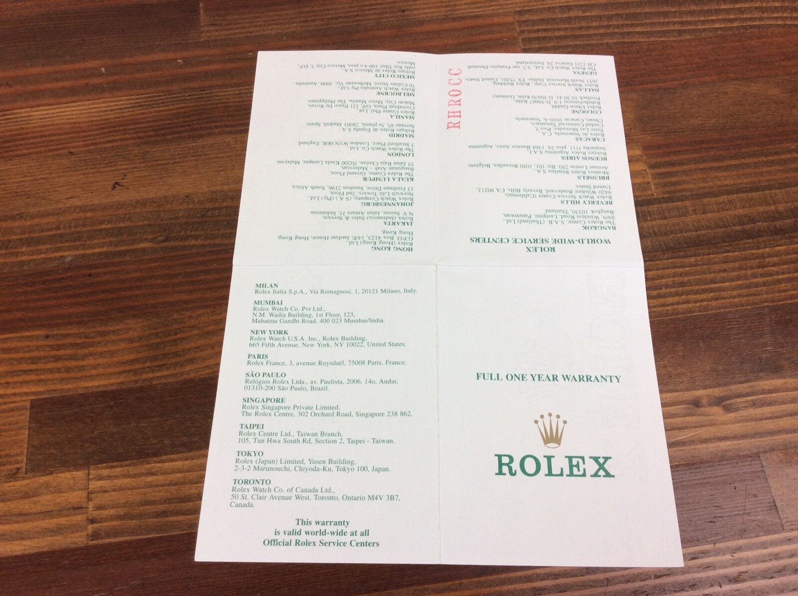ROLEX 2001 FULL ONE YEAR GARANTIE PAPER 568.06 4U + FREE SHIPPING