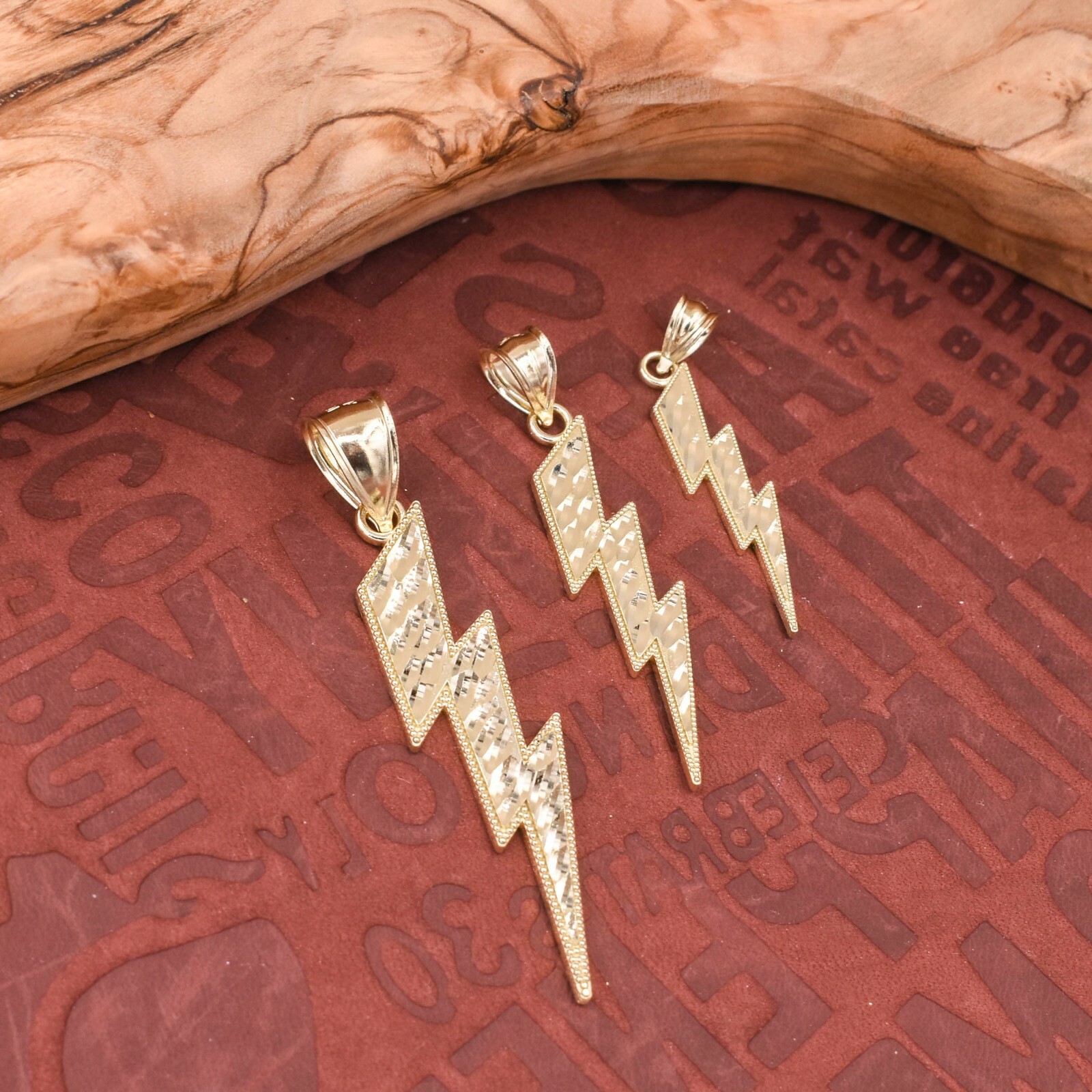 Diamond-Cut Lightning Bolt Pendant Charm Real 10K Yellow Gold ALL SIZES