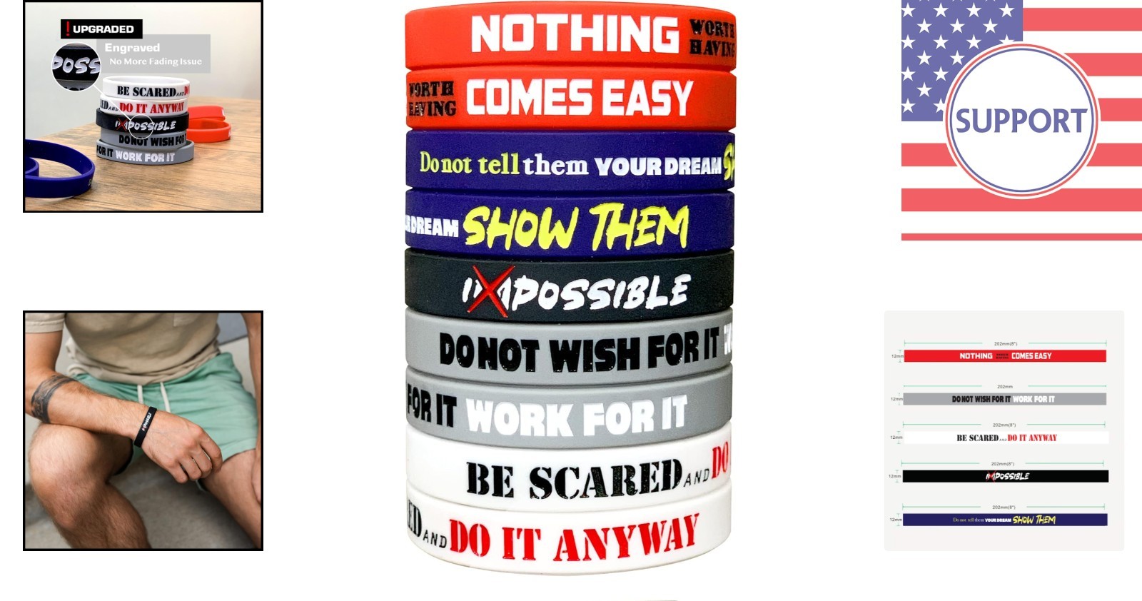 Inspirational 8″ Silicone Bracelets – 12-Pack Motivational Wristbands for All