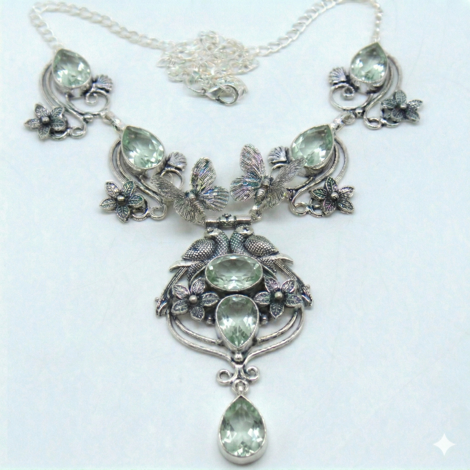 Green Amethyst Gemstone 925 Sterling Silver Vintage Jewelry Necklace ADJ 18″