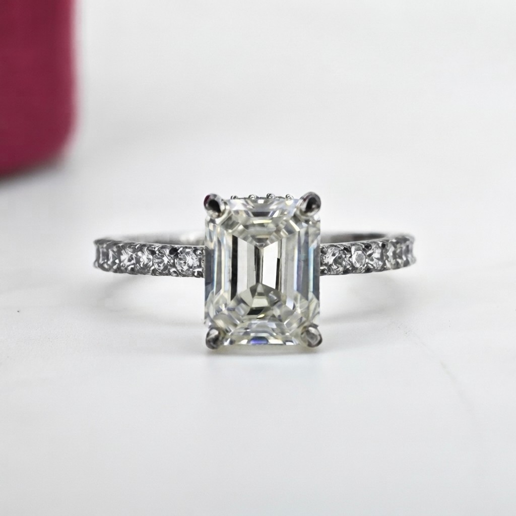 Off White Emerald Moissanite Ring Hidden Halo with Side Accents for Women
