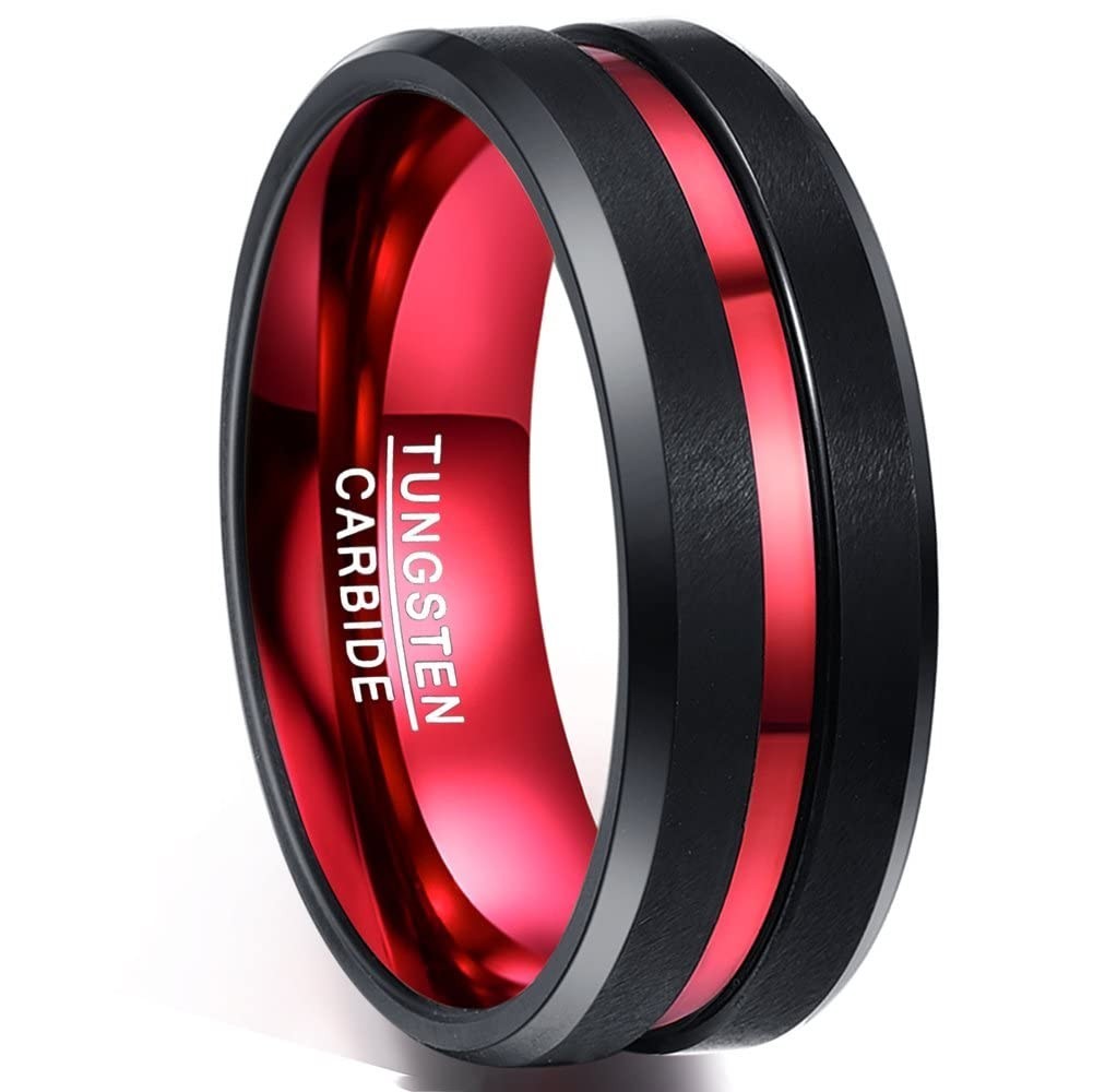 Men’s 8mm Tungsten Wedding Band Ring – Black Red/Blue/Rose Gold, Matte Finish, B