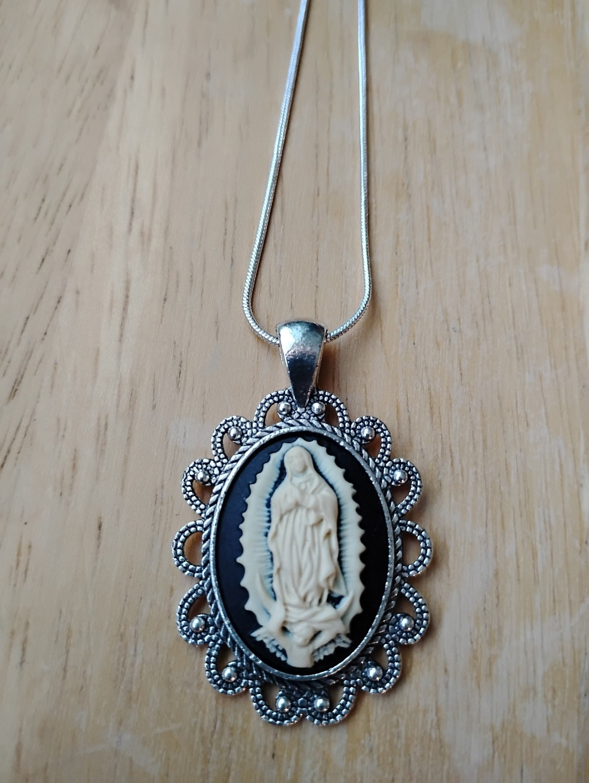 Our Lady Gudalupe Cameo Pendant necklace Ivory Black 925 sterling silver chain