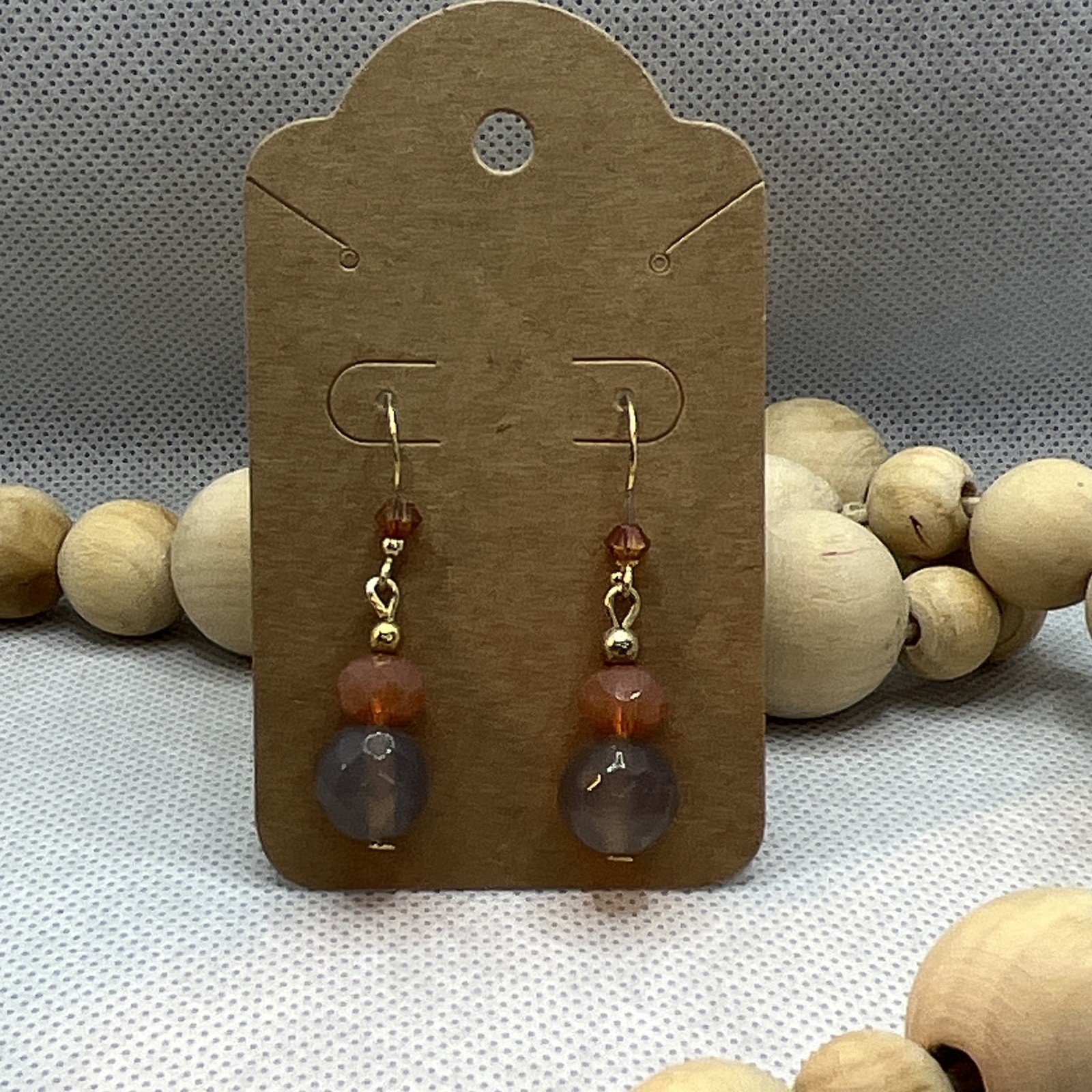 Gold Tone Brown Round Glass Beaded Dangle Drop Hook Earrings No Stone for Lobe