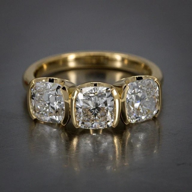 1.50Ct Cushion Cut Moissanite Three Stone Engagement Ring 14K Yellow Gold Plated