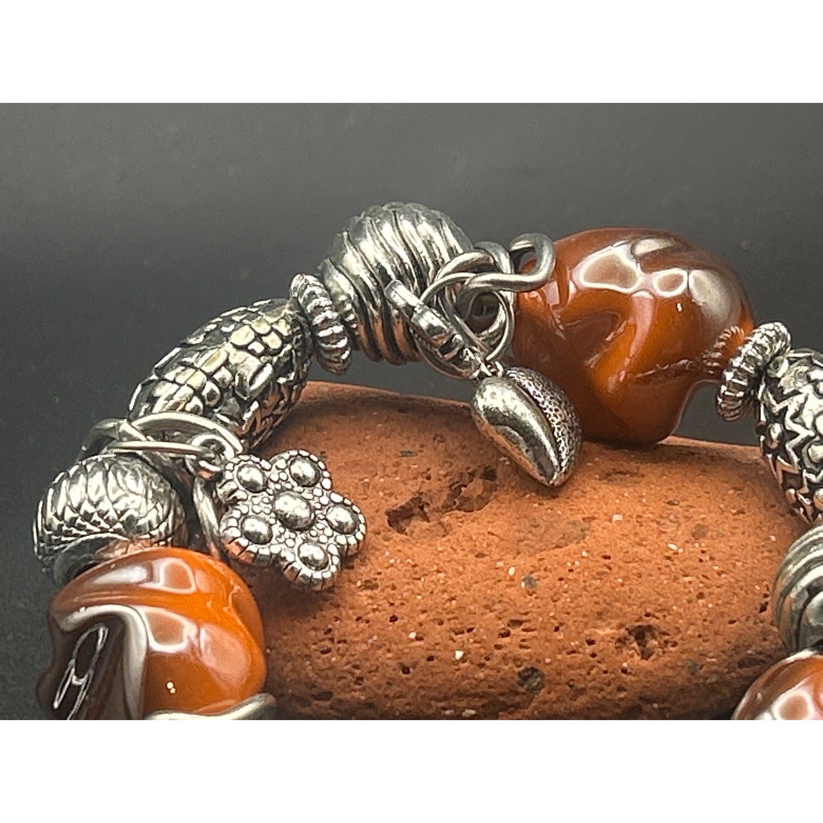 Vintage Orange Beaded Charm Bracelet | Silver Tone Heart Butterfly Dragonfly