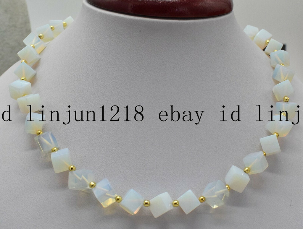 8x8mm Square White Sri Lanka Moonstone Gemstone Beads Necklace 18”