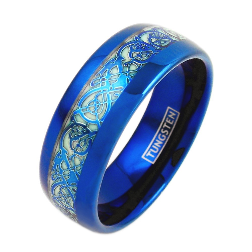 8mm Blue Tungsten Men’s Ring Celtic Dragon *Glow in the Dark* Wedding Band
