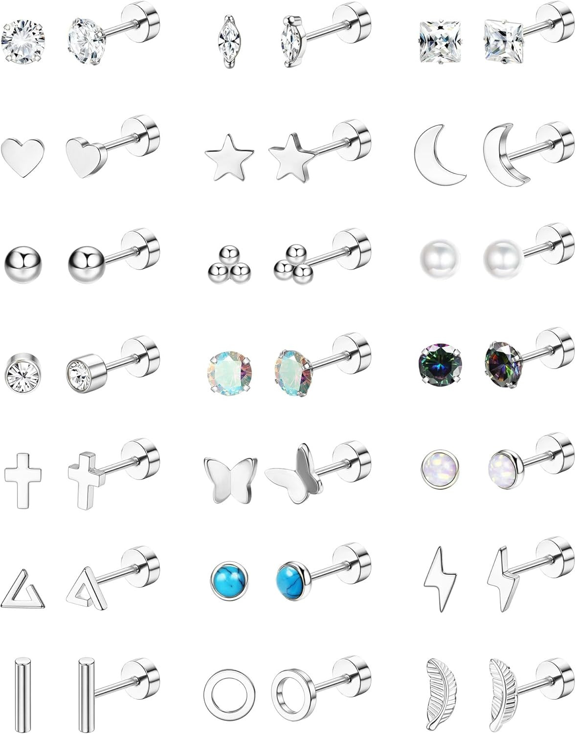 21 Pairs Hypoallergenic Flat Back Stud Earrings for Women Men Surgical Stainless
