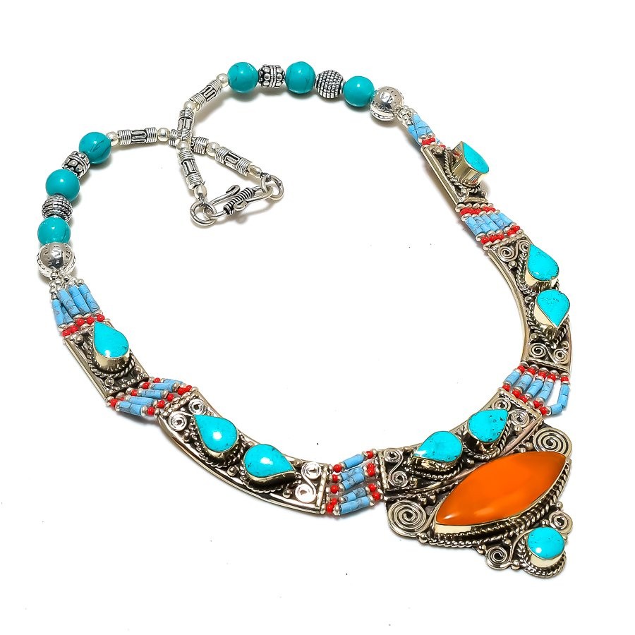 Yellow Coral Turquoise Necklace Handmade Tibetan Amazing Nepali Jewelry 18″ N52
