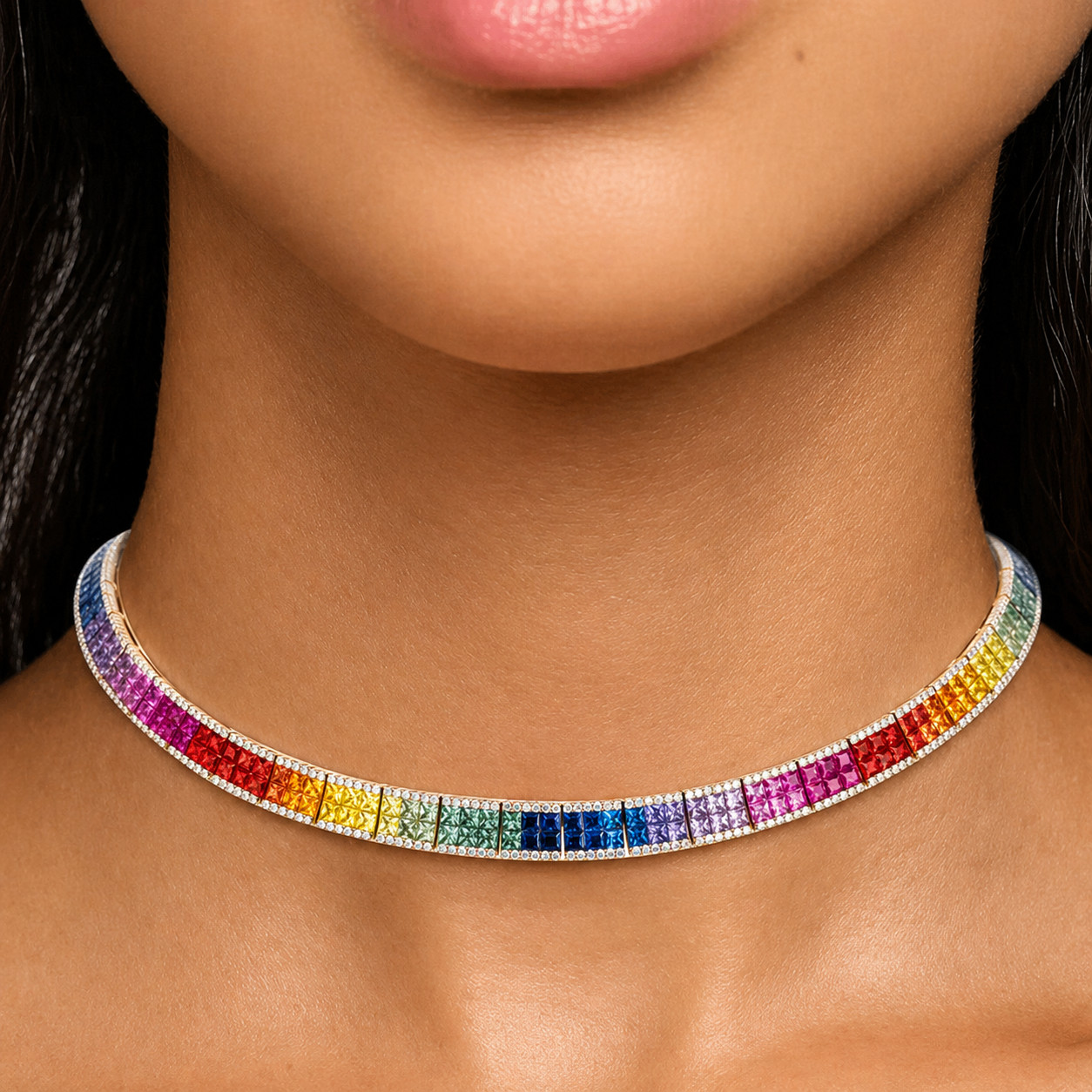 50Ct Princess Cut Multicolor Lab Created Sapphire Rainbow Necklace 925 Silver