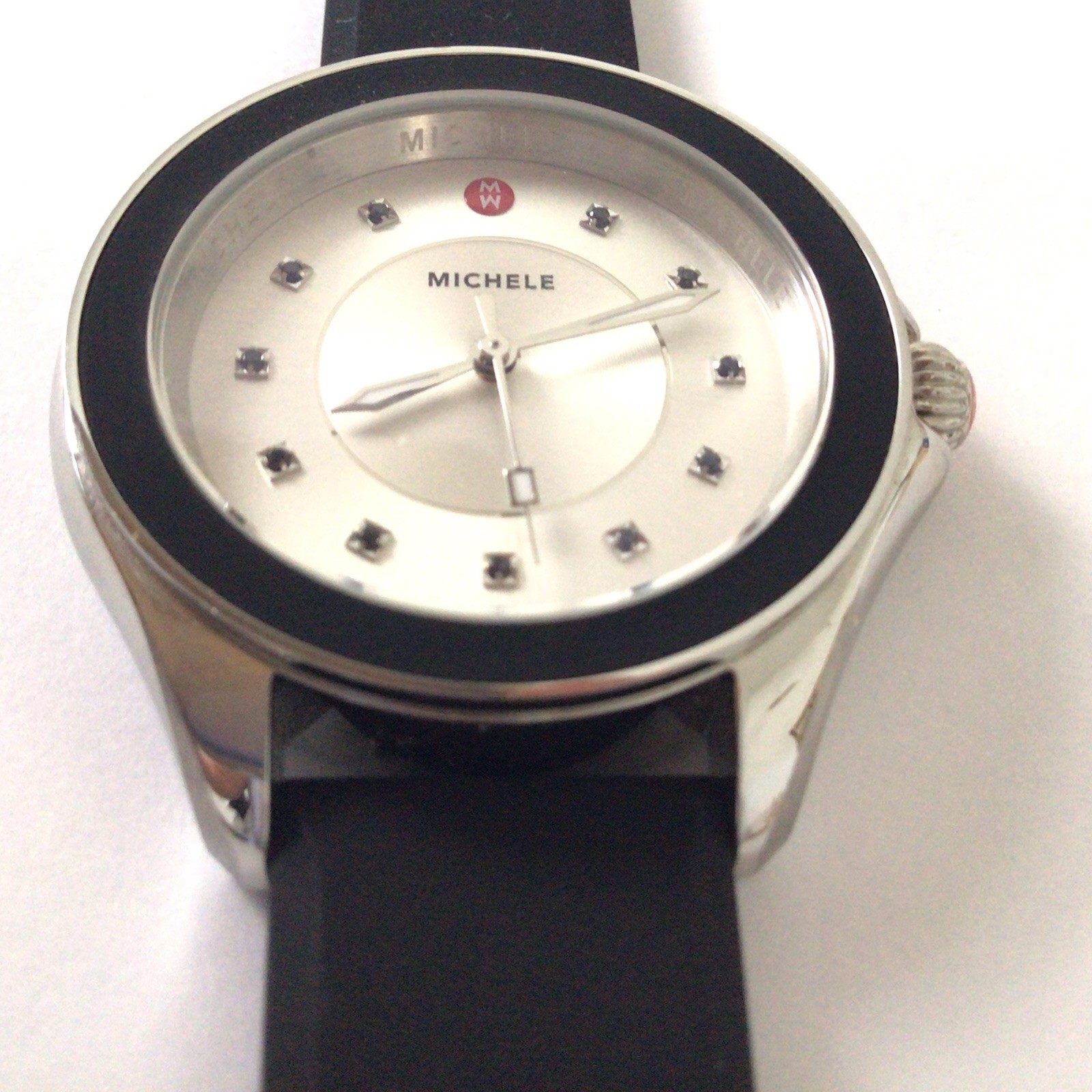 Michele Cape Diamond White Face Black Bezel Silicone Band Watch MWW27A000012