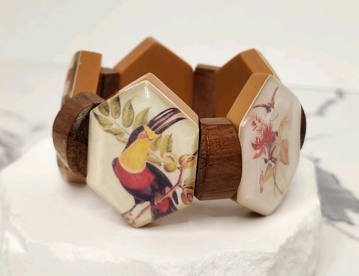 Boho Tropical Wooden Hexagon Tile Bracelet Acrylic Resin Bird Print Statement