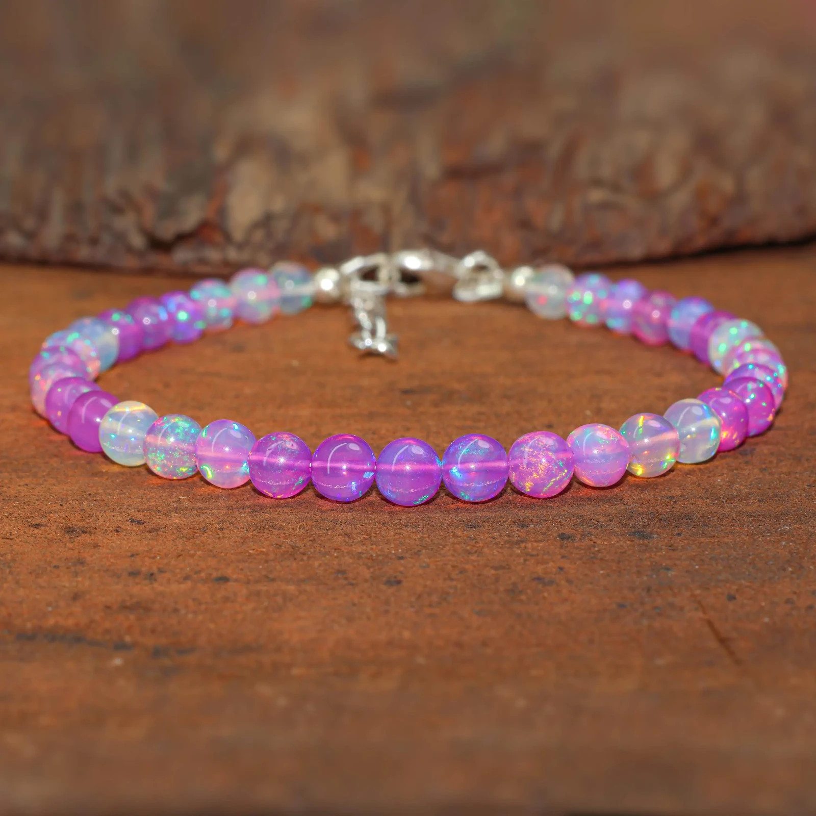 Purple Opal Gemstone Round Beads Bracelet, Genuine Fire Opal Beaded Bracelet