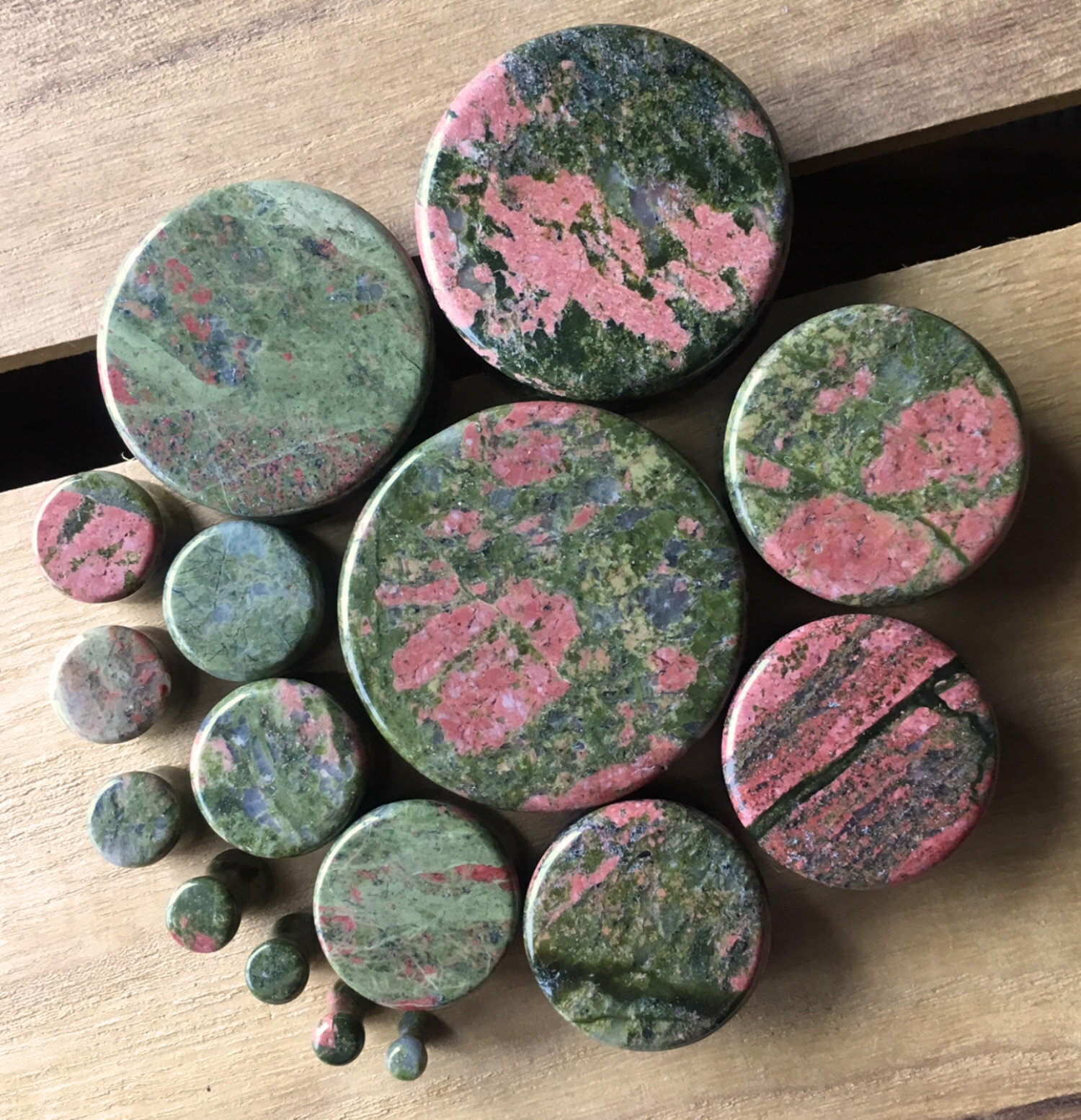 PAIR Unakite Organic Stone Plugs Gauges – 3mm (8g) up to 38mm (1.5″) available!