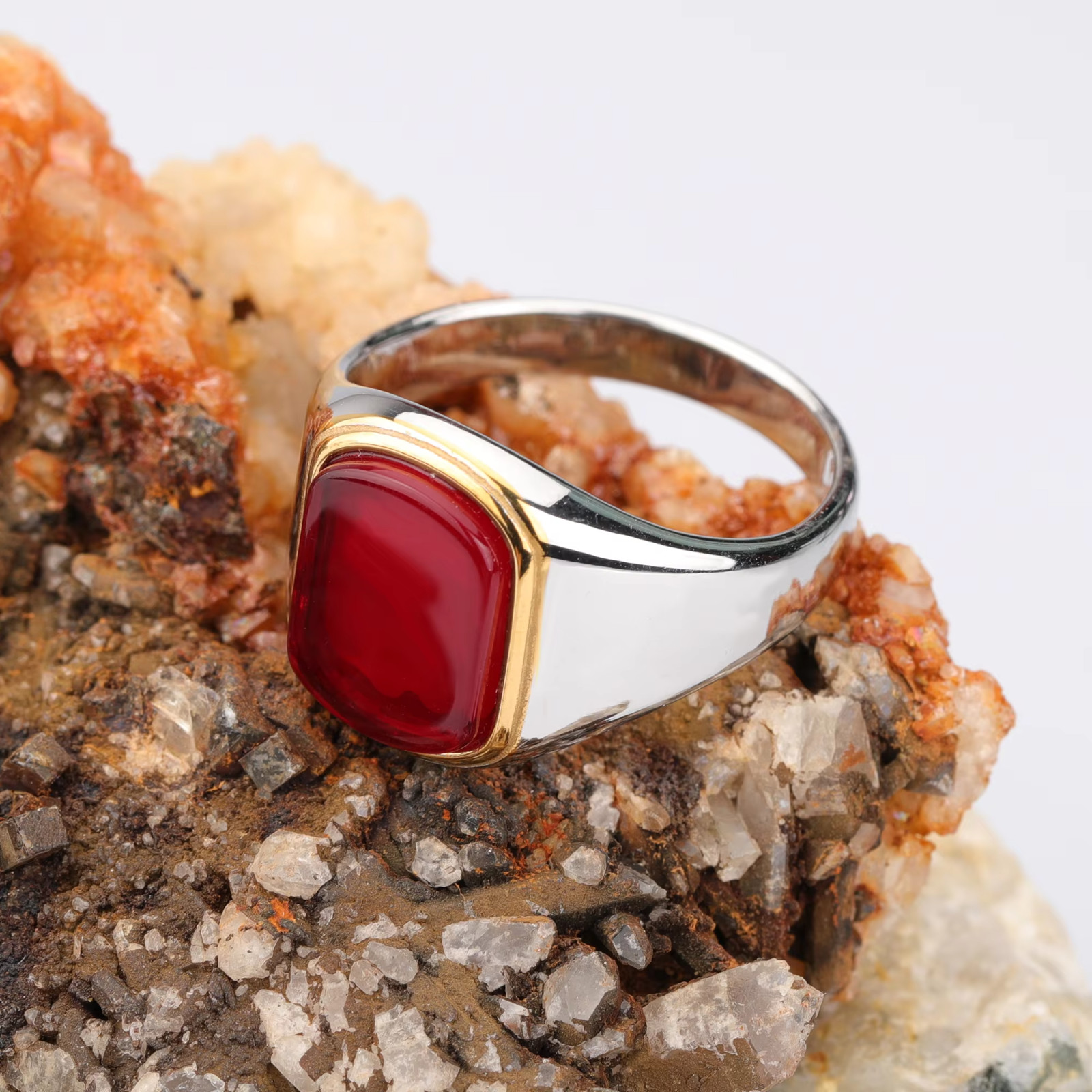 Men Ring High Quality 316L Stainless Steel Mix Gold Silver Red Stone Rectangle