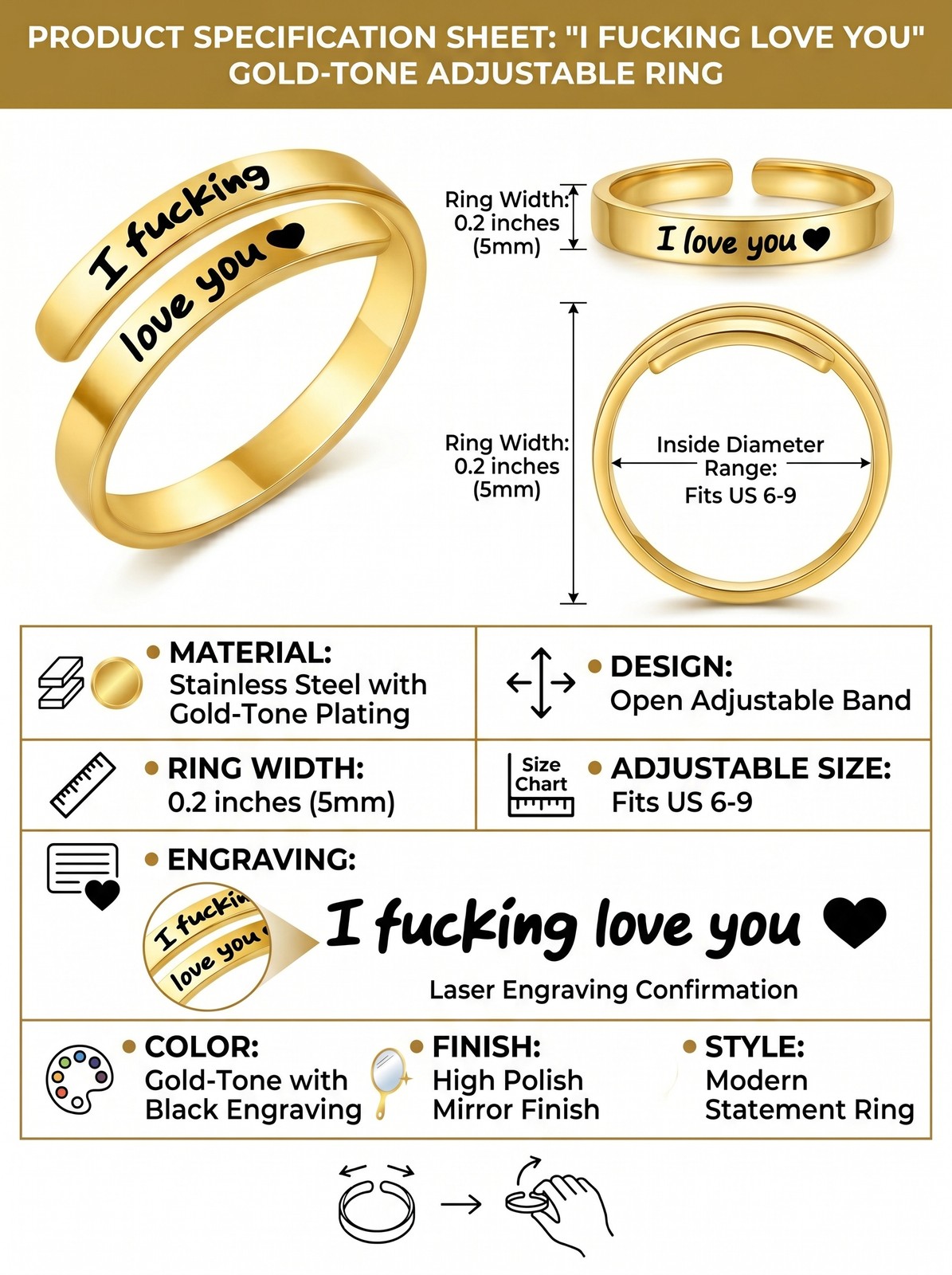 I Fu*king Love You Ring, Gold Statement Love Band, Funny Couple Gift, Adjustable