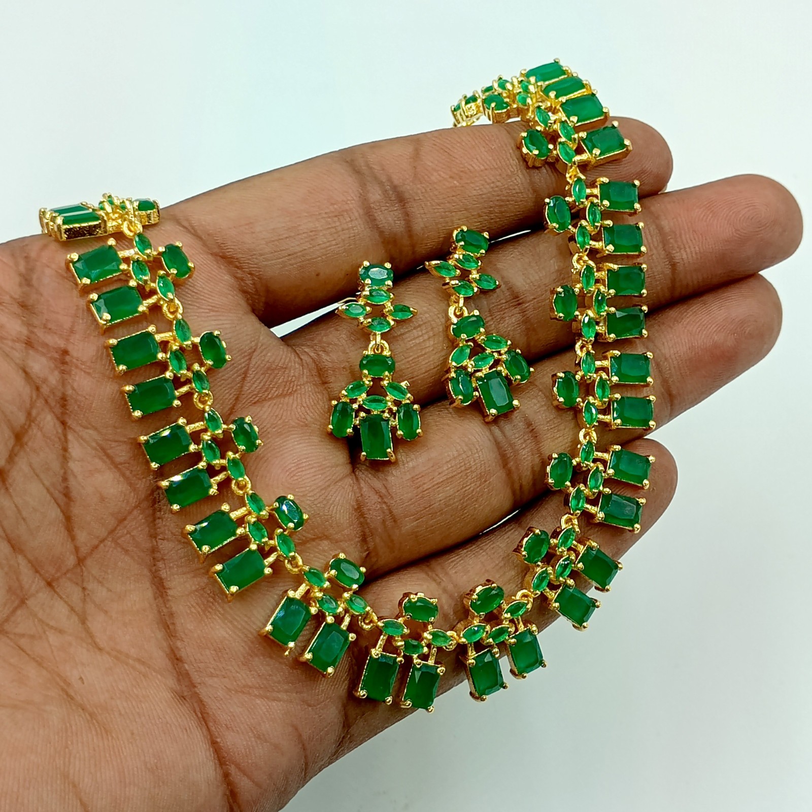 22K Gold Plated South Indian Emerald Necklace Ethnic Bridal Jewelry Set