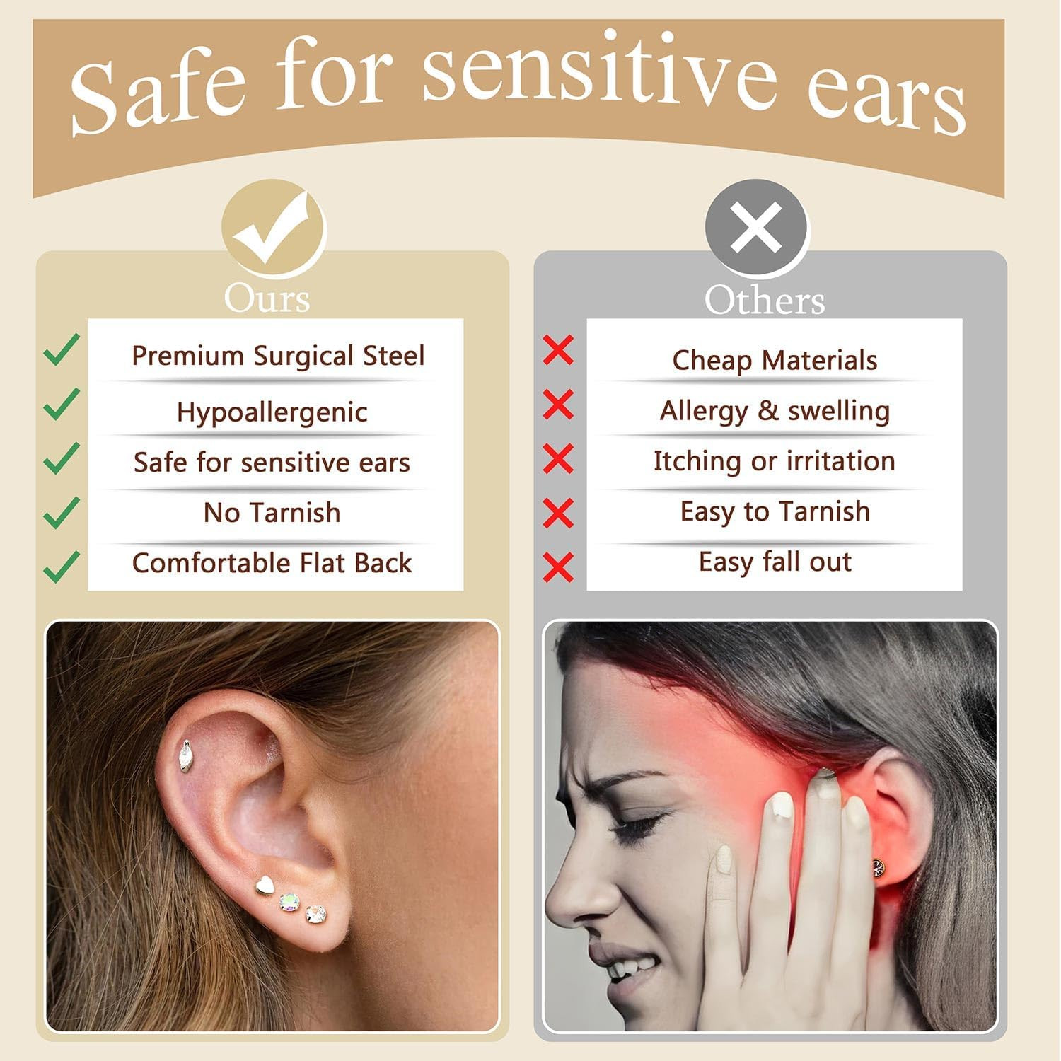 21 Pairs Hypoallergenic Flat Back Stud Earrings for Women Men Surgical Stainless