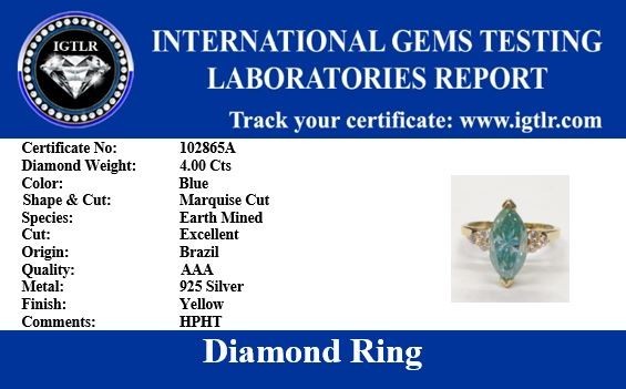 4.00 Ct 925 Silver Certified Marquise Cut Blue Diamond Solitaire Ring- Treated