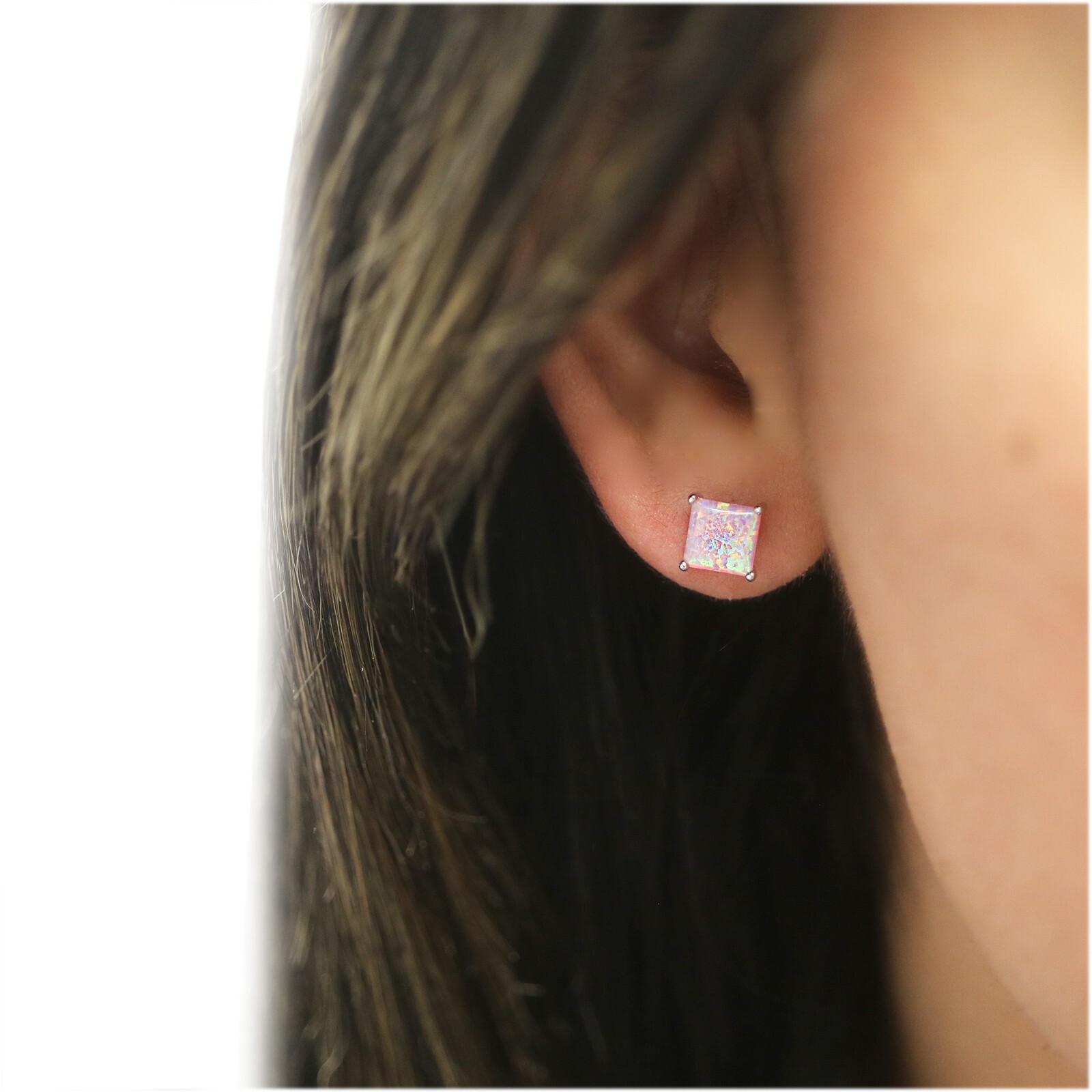 925 Sterling Silver 6mm Princess Cut Square Pink Opal Stud Earrings For Women