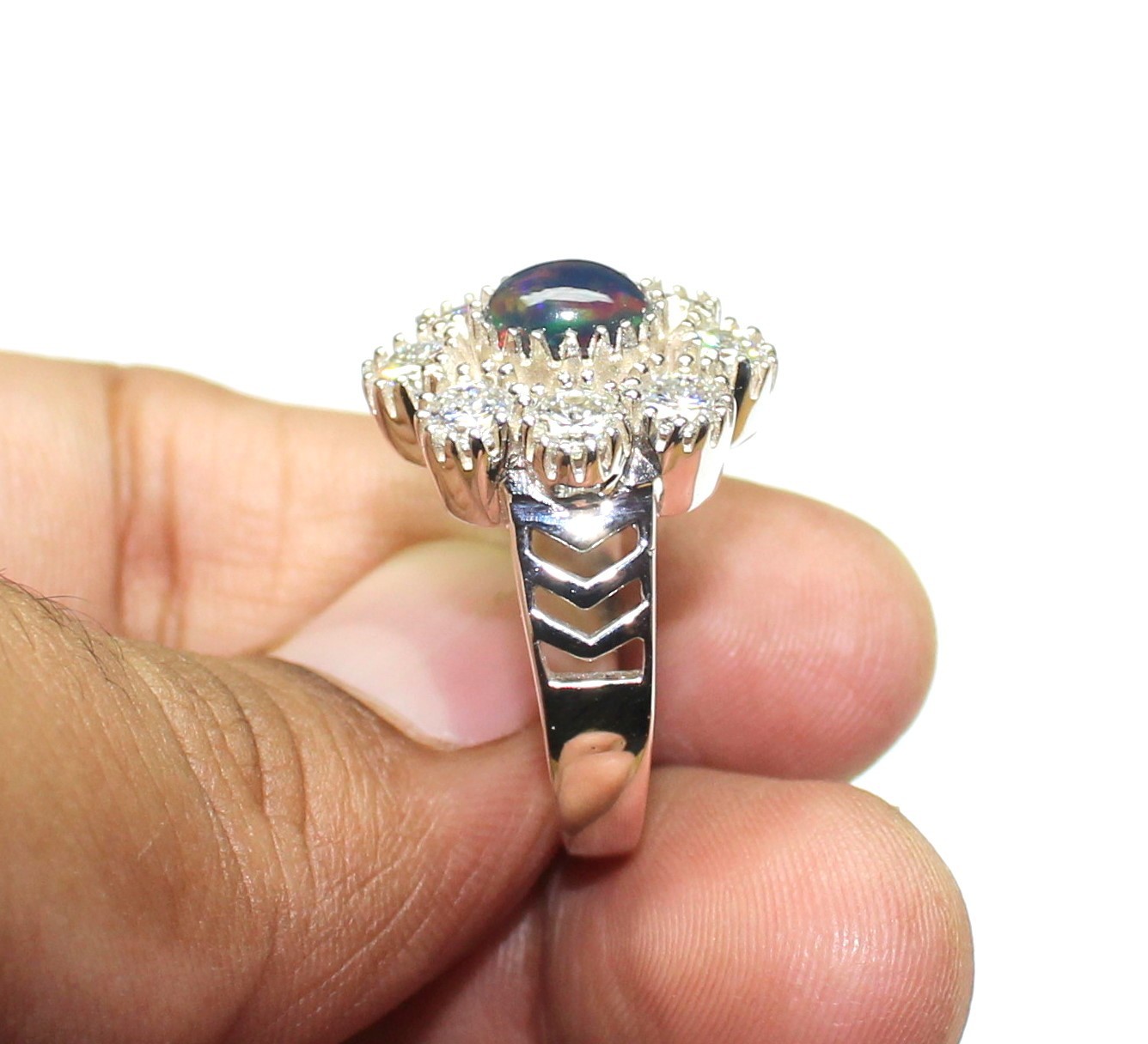 Black Opal Ring, Sparkle Moissanite 925 Silver Ring, Unique Engagement Jewelry