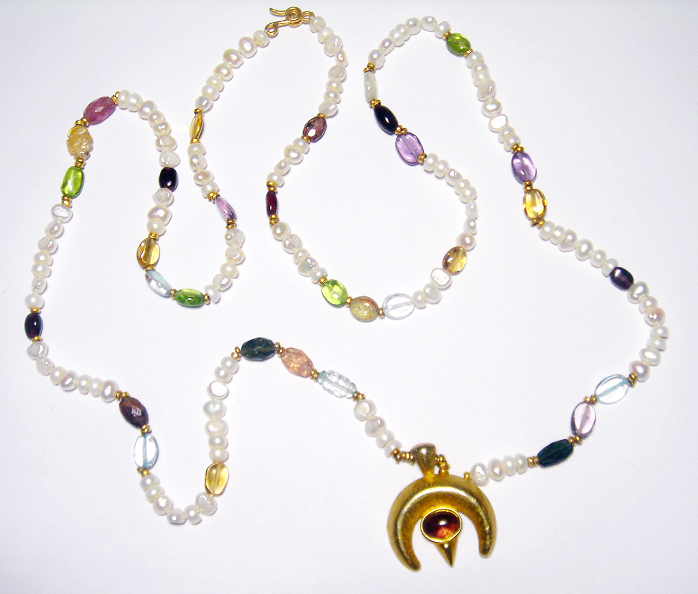 Hand Made JADED JEWELS NYC 22k GOLD Plated PEARL/GEMSTONE 36″ Pendant/ NECKLACE