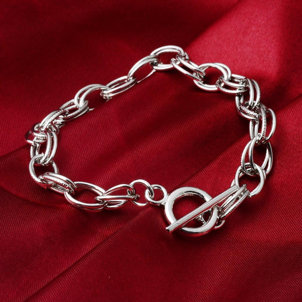 5Pcs Toggle Clasp Silver Color Charm Rolo Bracelet Double Oval Link Chain 18Cm D