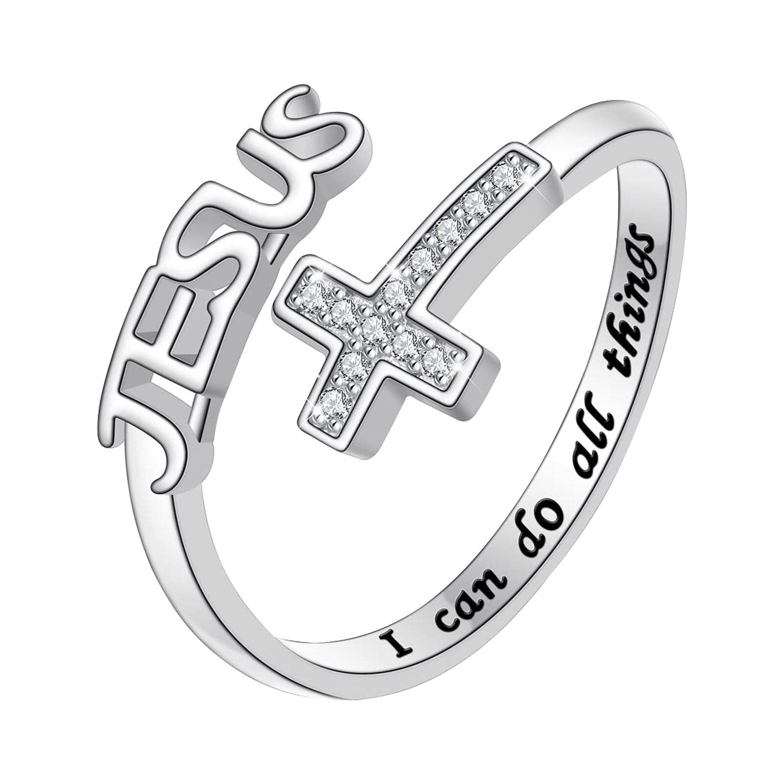 Women Christ Cross Jesus Ring I Can Do All Things Engraved Adjustable Open Band