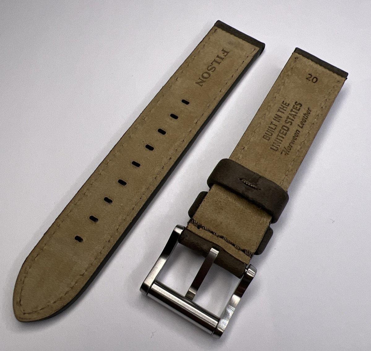 Filson Mushroom Gray/Brown 20mm – 20mm Horween Leather Watch Strap & Steel Tang