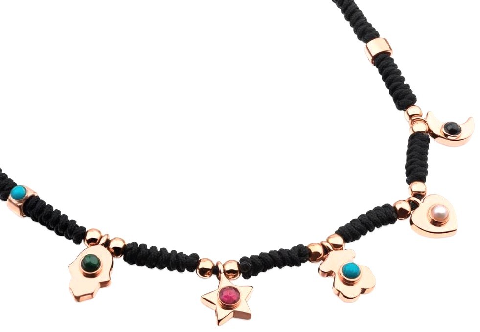 TOUS Super Power Charm Necklace Black Cord Rose Vermeil Silver Gemstone Spain