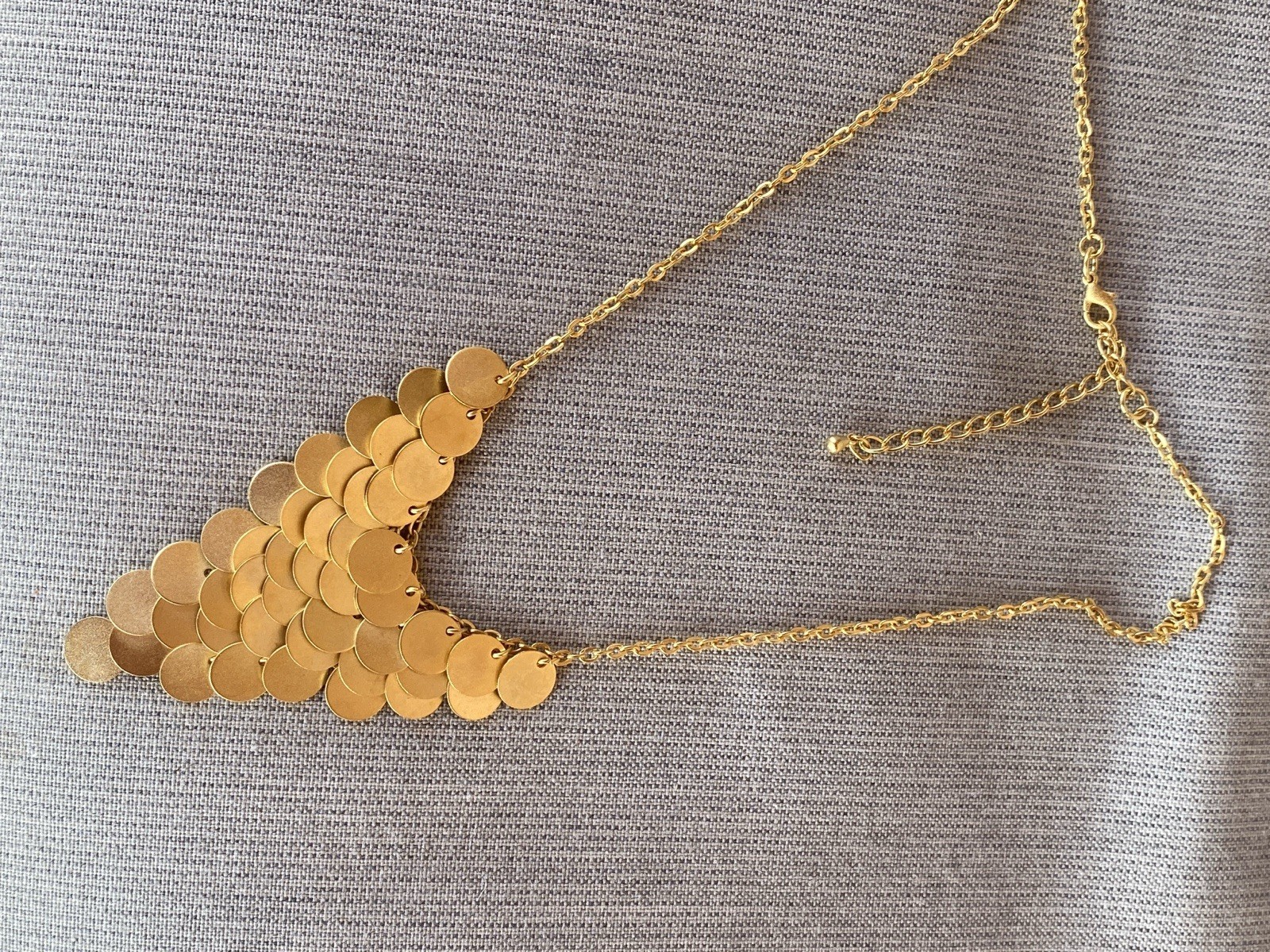 Matte Gold Disc Statement Bib Necklace Cascade Paillette Fringe Modern 16-19”