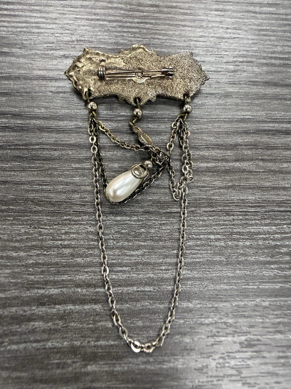 Silver Tone Asymmetrical Brooch Pin, Metal, Dangle Chain, Pearl & Onyx, 1.75 in