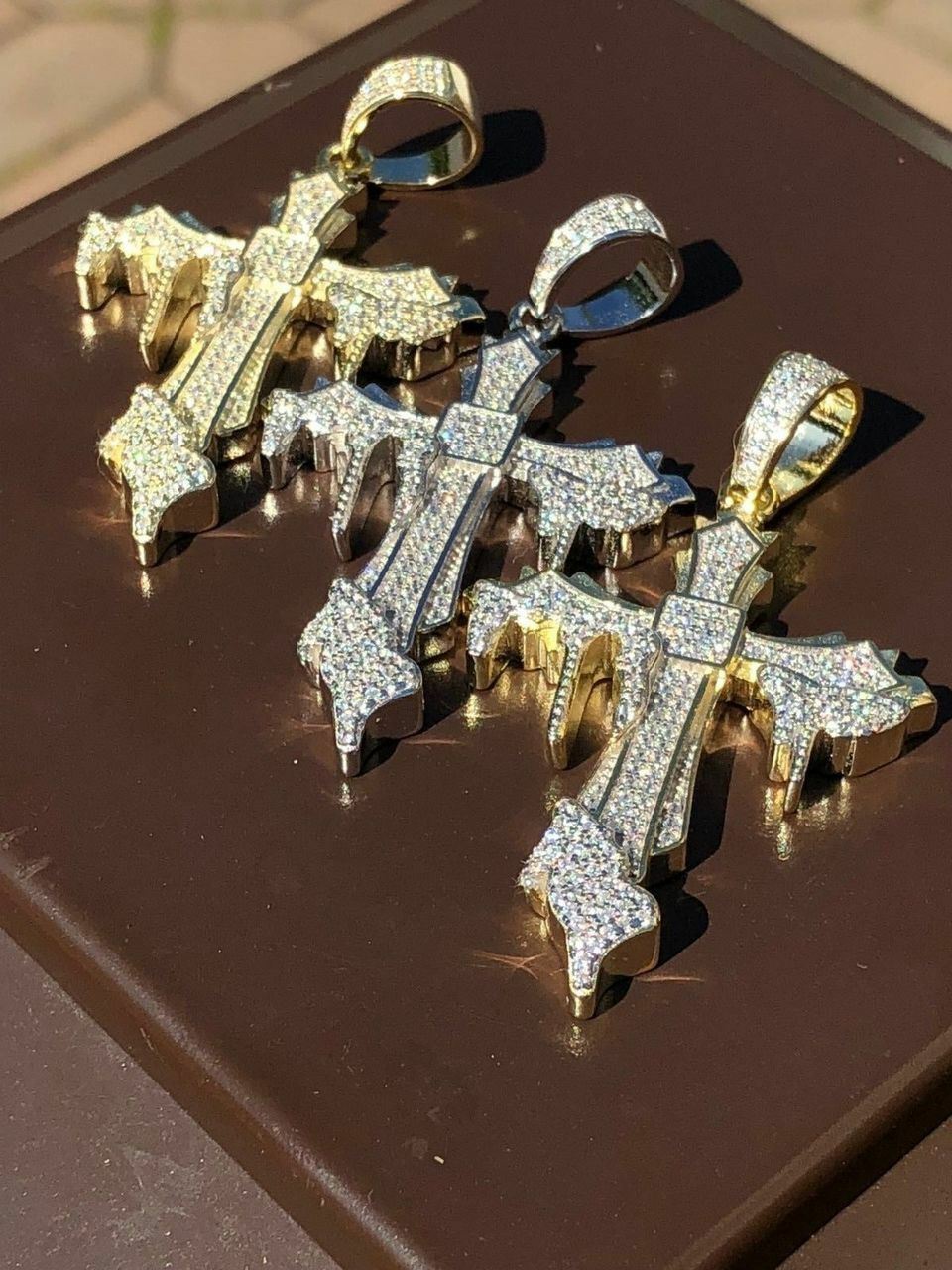 Solid 925 Sterling Silver Gold Plated Dripping Cross Mens Icy Pendant Flooded CZ