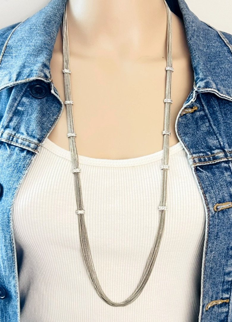 Signed ABS Allen Schwartz Silvertone Multi Chain Crystal Necklace