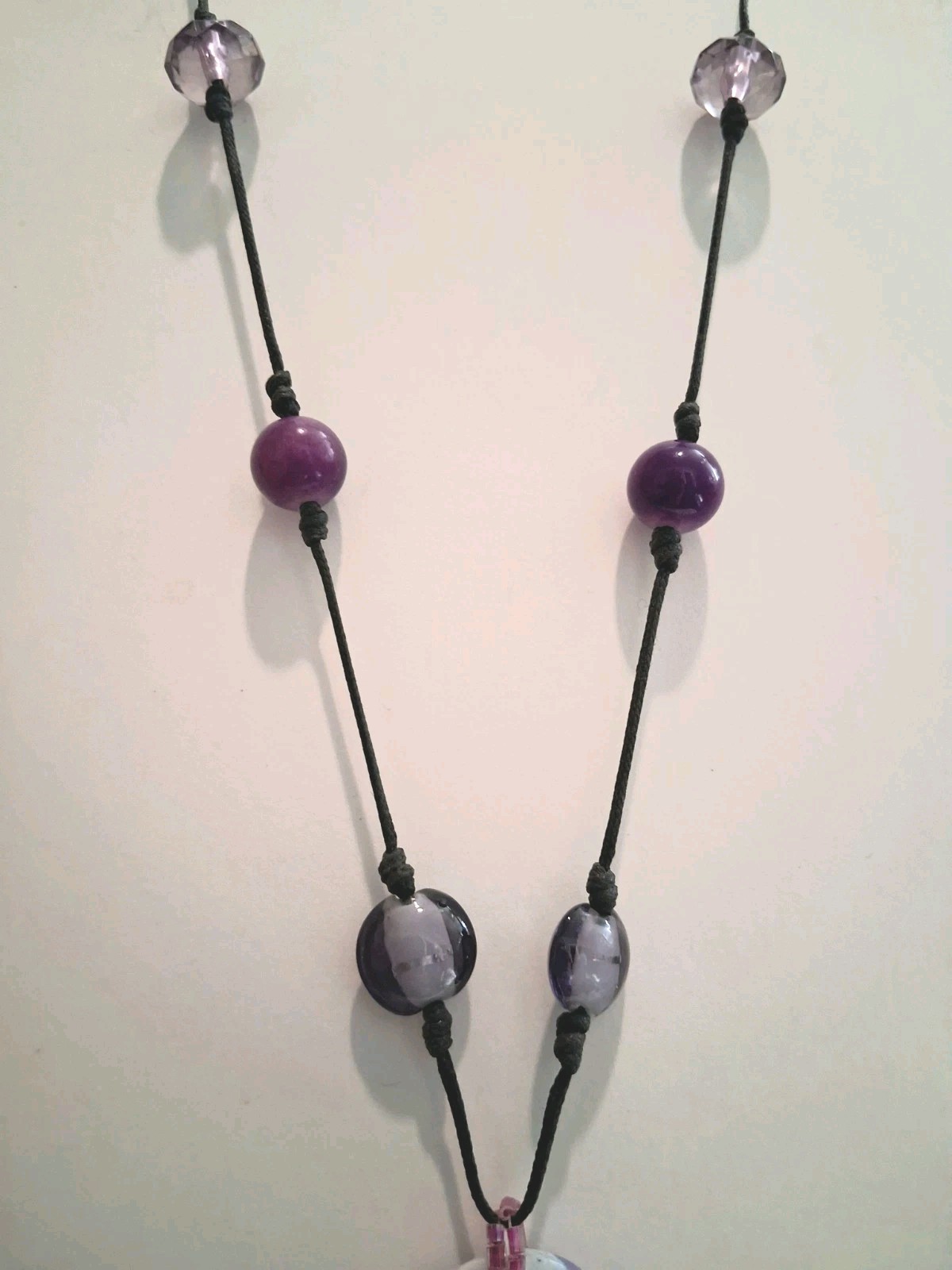 Purple Agate Oval Charm Pendant Beaded Cord Necklace, Purple/White Stone