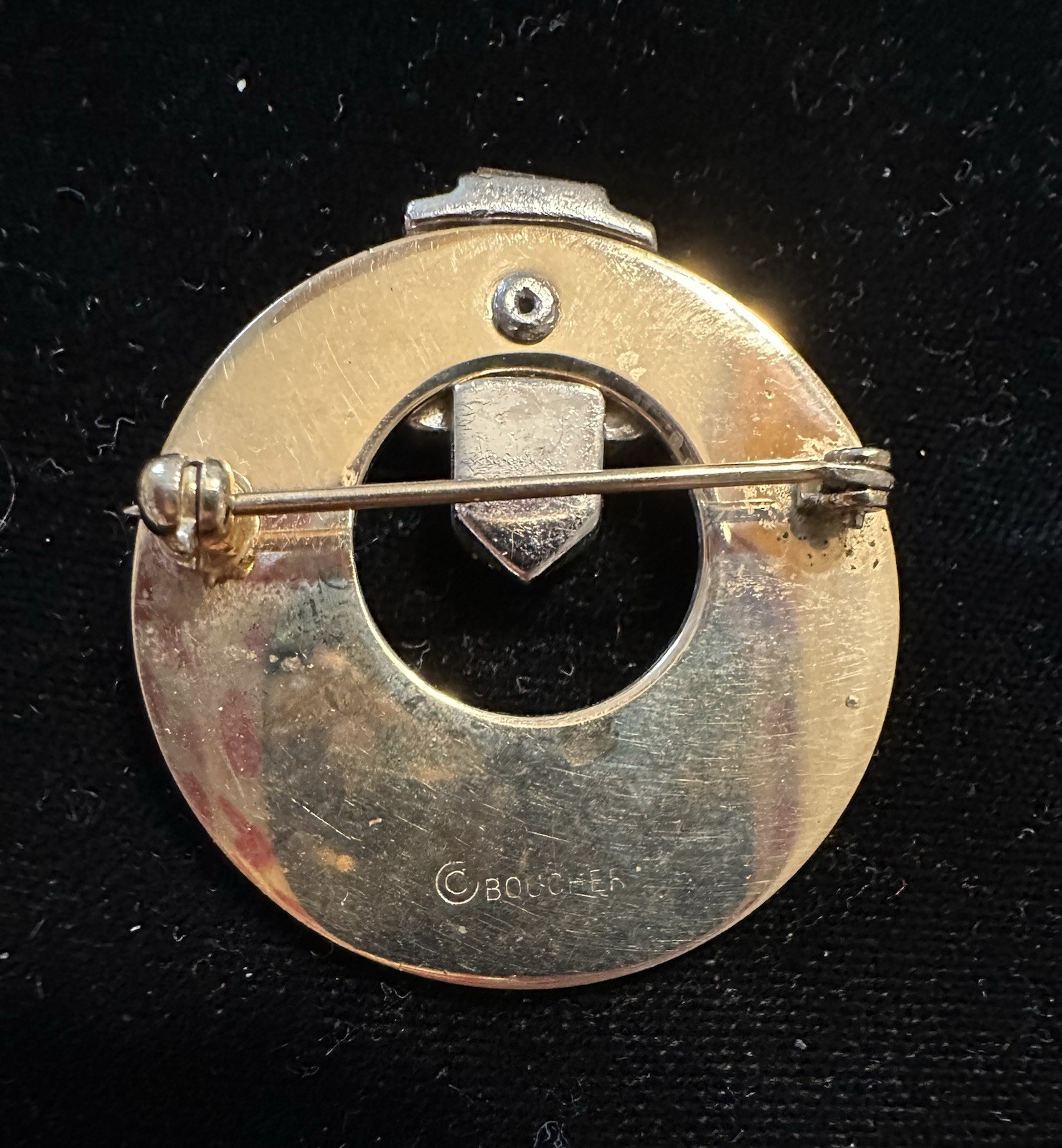 Boucher Circle Pin W/ Buckle Blue Rhinestones