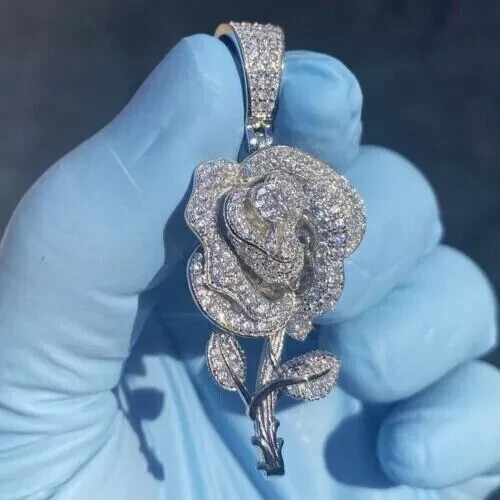 2Ct Lab-Created Diamond Round Cut Rose Pendant 14K White Gold Silver Plated