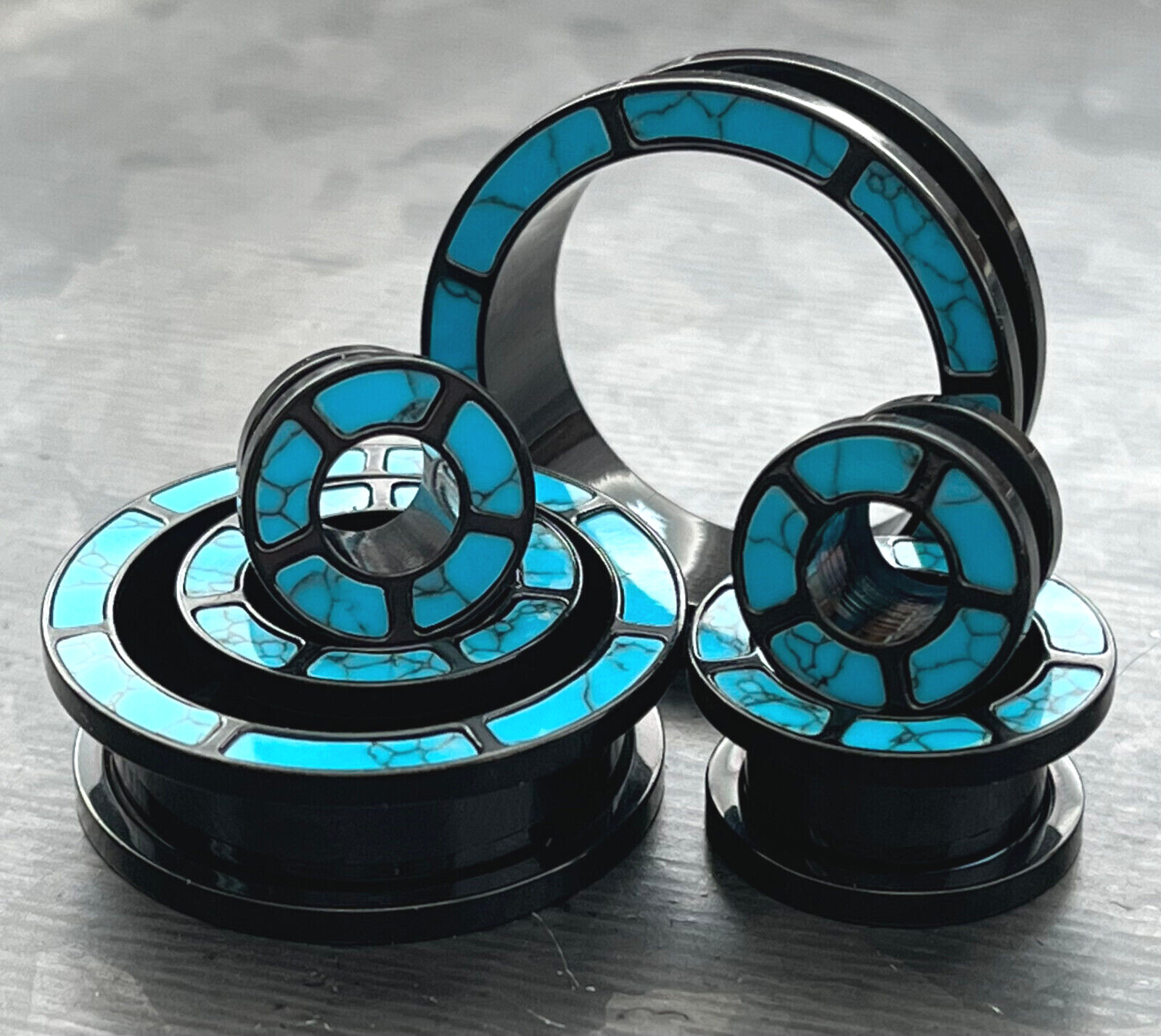 PAIR Turquoise Rimmed Black Screw Fit Tunnels Earlets Gauges Plugs Body Jewelry
