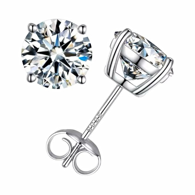 Silver Tone Metal Round Clear Stud Earrings Pair Prong Set Butterfly Back