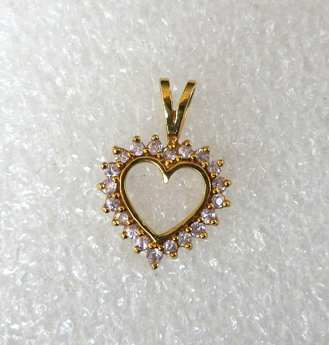 Vintage Gold Over Sterling Silver Open Heart Pendant with Pink Crystals 2 grams