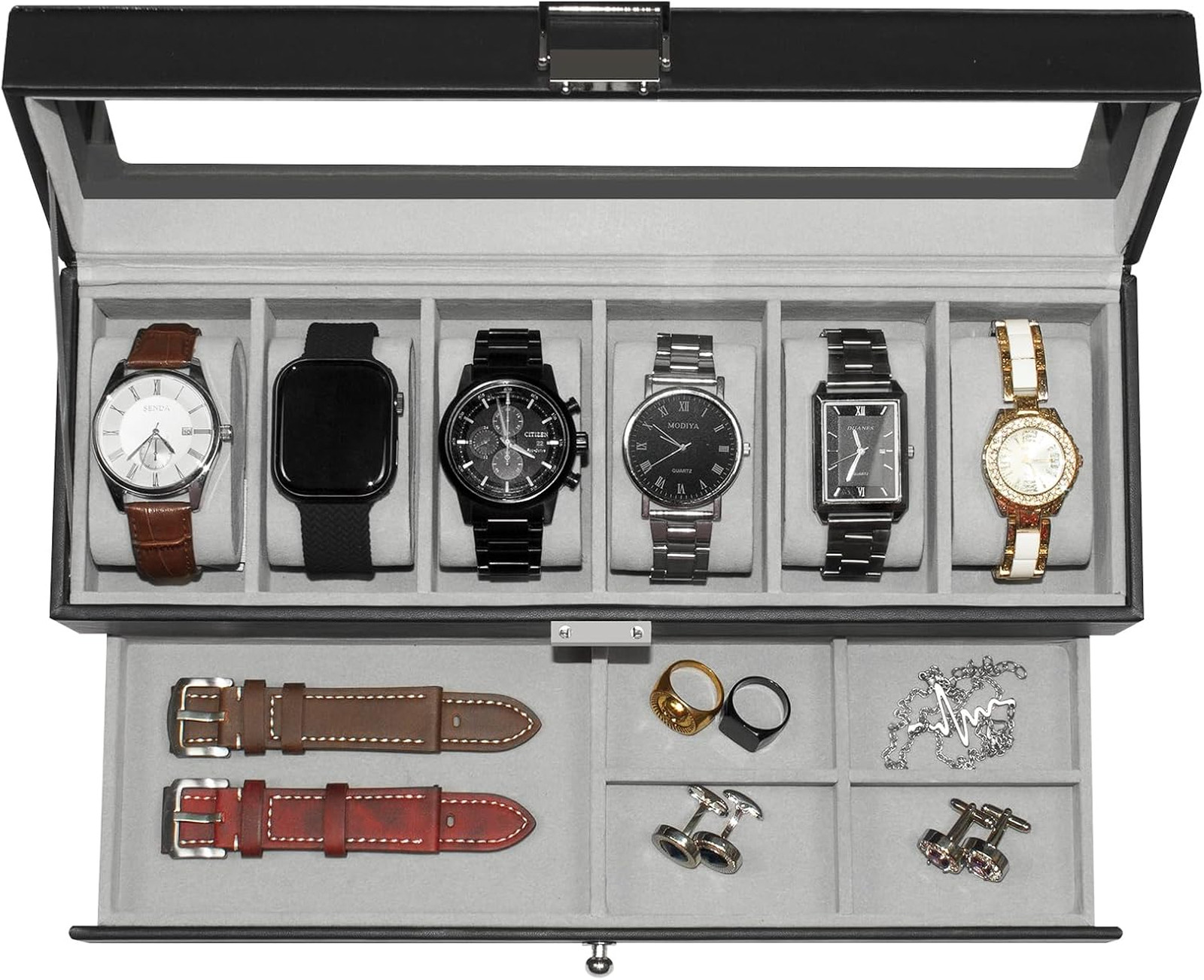 Watch Box for Men Black, 6 Slot Organizer with Glass Top, Large 50mm Watches