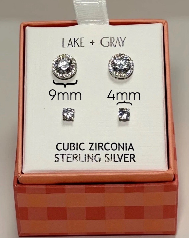 LAKE + GRAY 4pc Stud Earrings Set 4mm & 9mm 925 Sterling Silver CZ