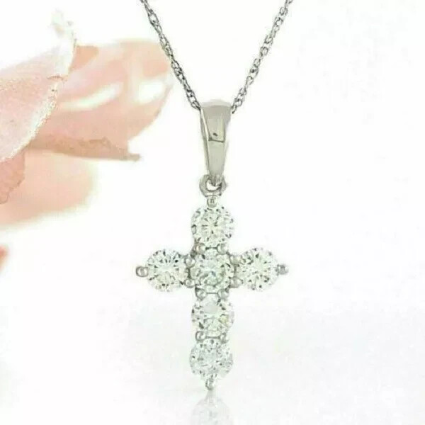 1Ct Round Cut Diamond Cross Necklace Pendant 14K White Gold Finish Free Chain