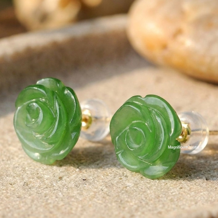 Carved Green Jade Rose Flower Stud Earrings Natural Healing Gemstone Earring
