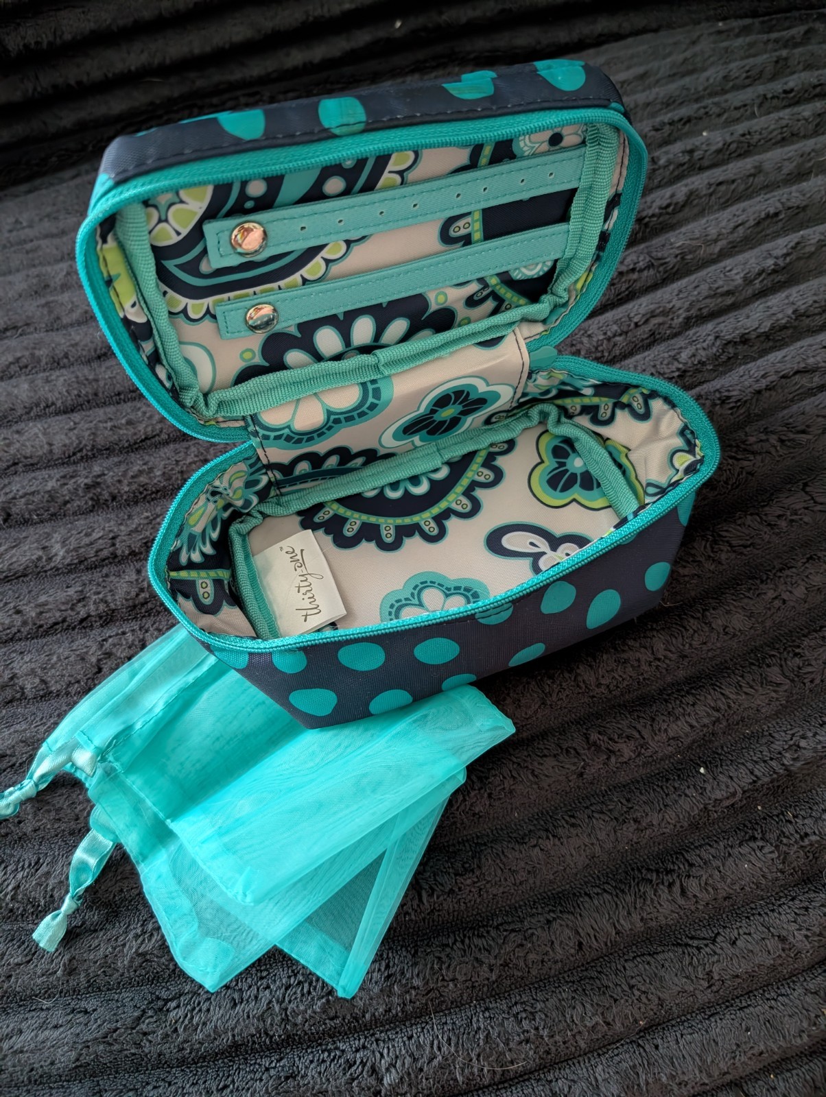 Thirty-One Travel Jewelry Case Zip-Around Black/Teal Polka Dot w/ 3 Pouches